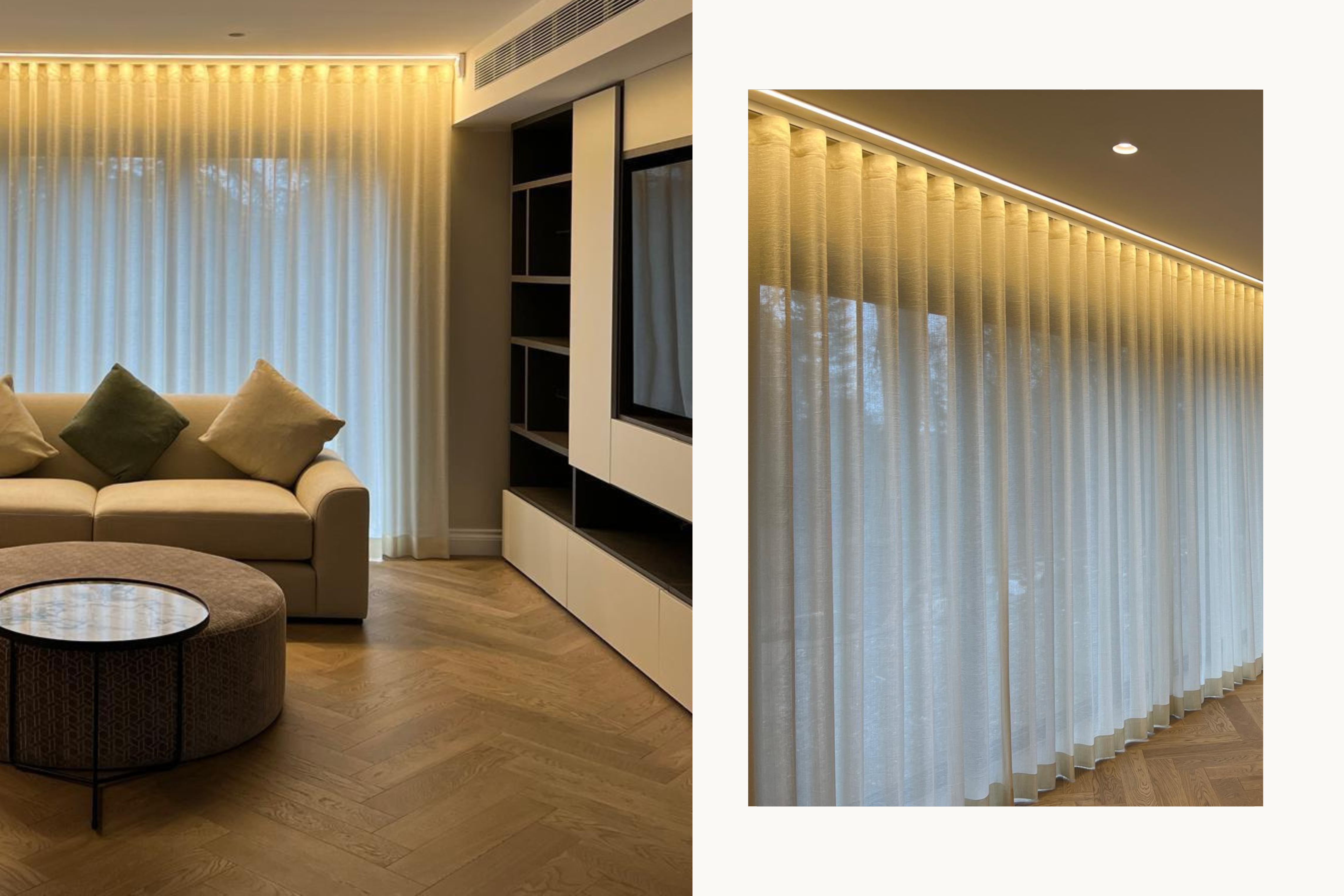 Soft lighting and floor-to-ceiling drapery